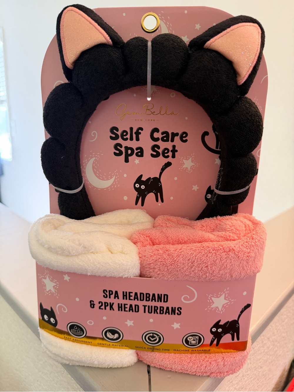 Black Cat Ear Spa Headband with 2 Cream & Pink Head Turbans